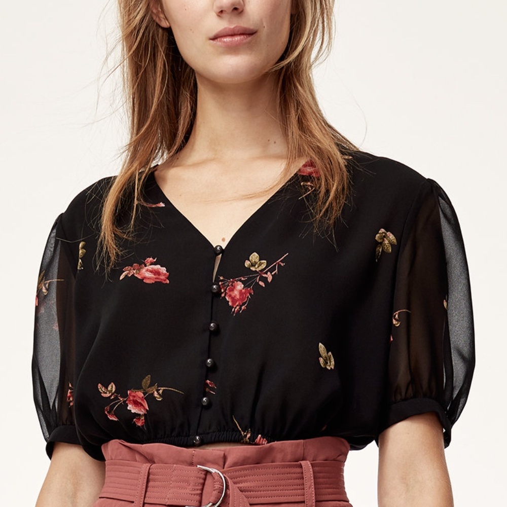 ARITZIA Wilfred Sofiane Short Sleeve Blouse XS “Black/Rosebowl” Floral